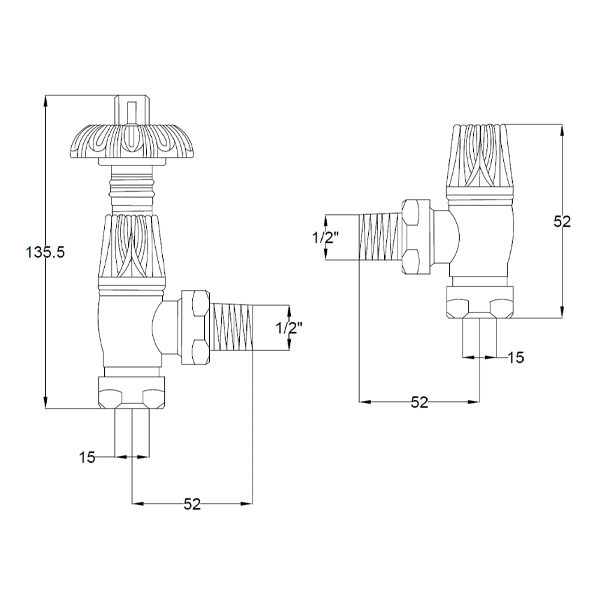 Angled Thermo Radiator Valve c/w Fluted Satin Nickel - Bayswater