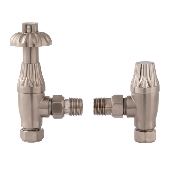Angled Thermo Radiator Valve c/w Fluted Satin Nickel - Bayswater
