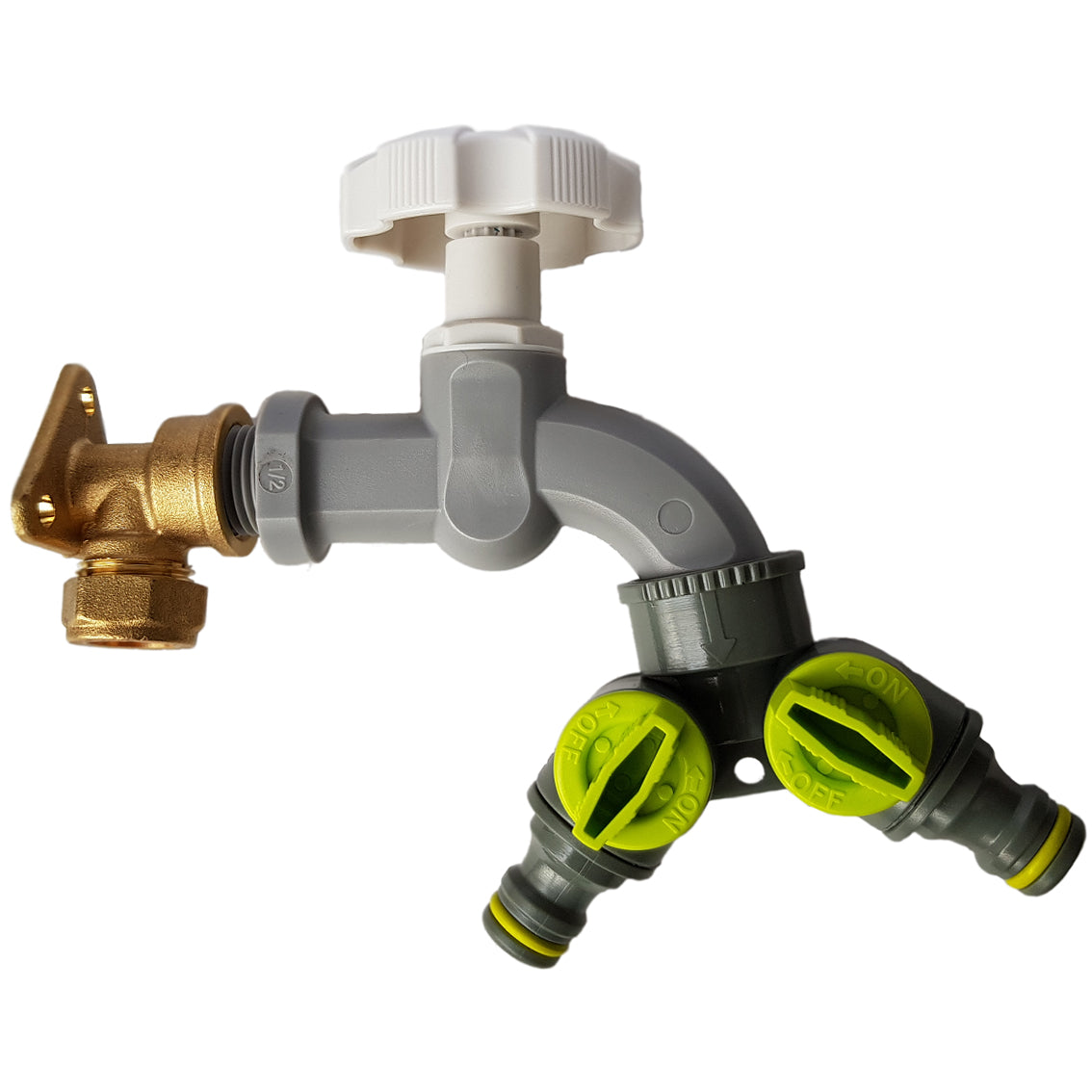15mm Brass Wall Flange Kit with Grey Dial Tap + Two-Way Splitter - Best4Trade-Retail Garden watering