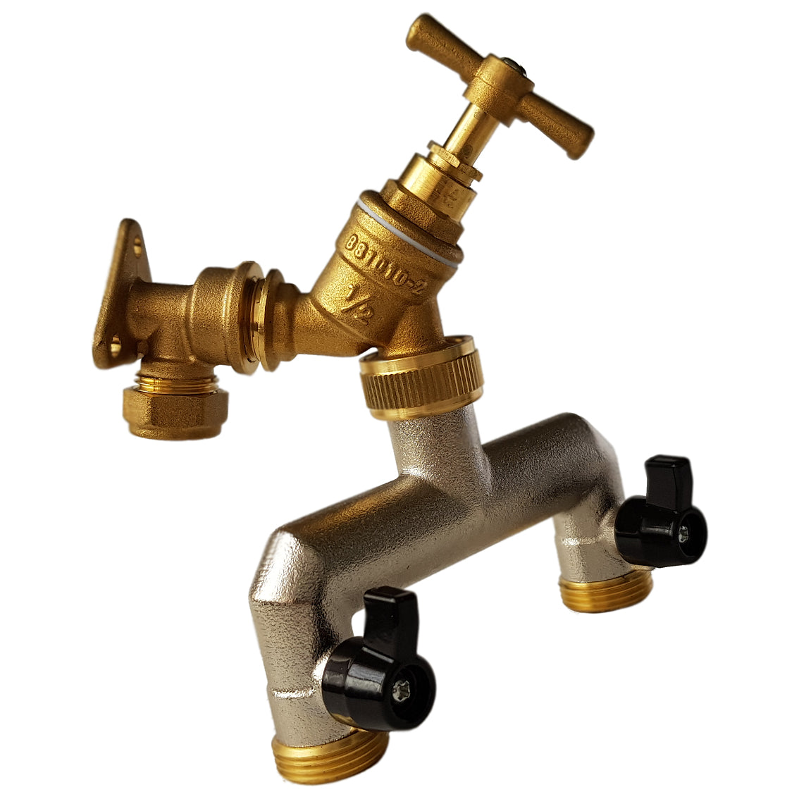 15mm Brass Wall Flange Kit with Brass Tap + 3/4" BSP Metal Splitter - Best4Trade-Retail Garden watering