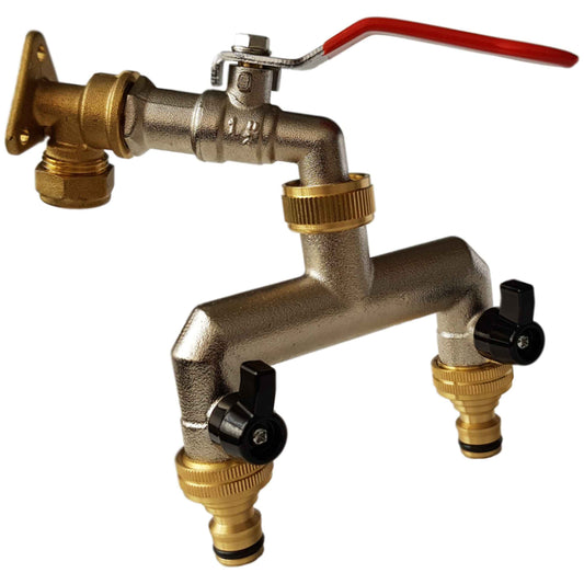 15mm Brass Wall Flange Kit with Lever Tap + Quick Connect Metal Splitter - Best4Trade-Retail Garden watering