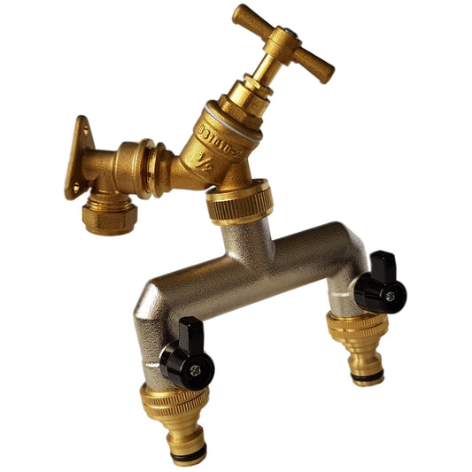15mm Brass Wall Flange Kit with Brass Tap + Quick Connect Metal Splitter - Best4Trade-Retail Garden watering