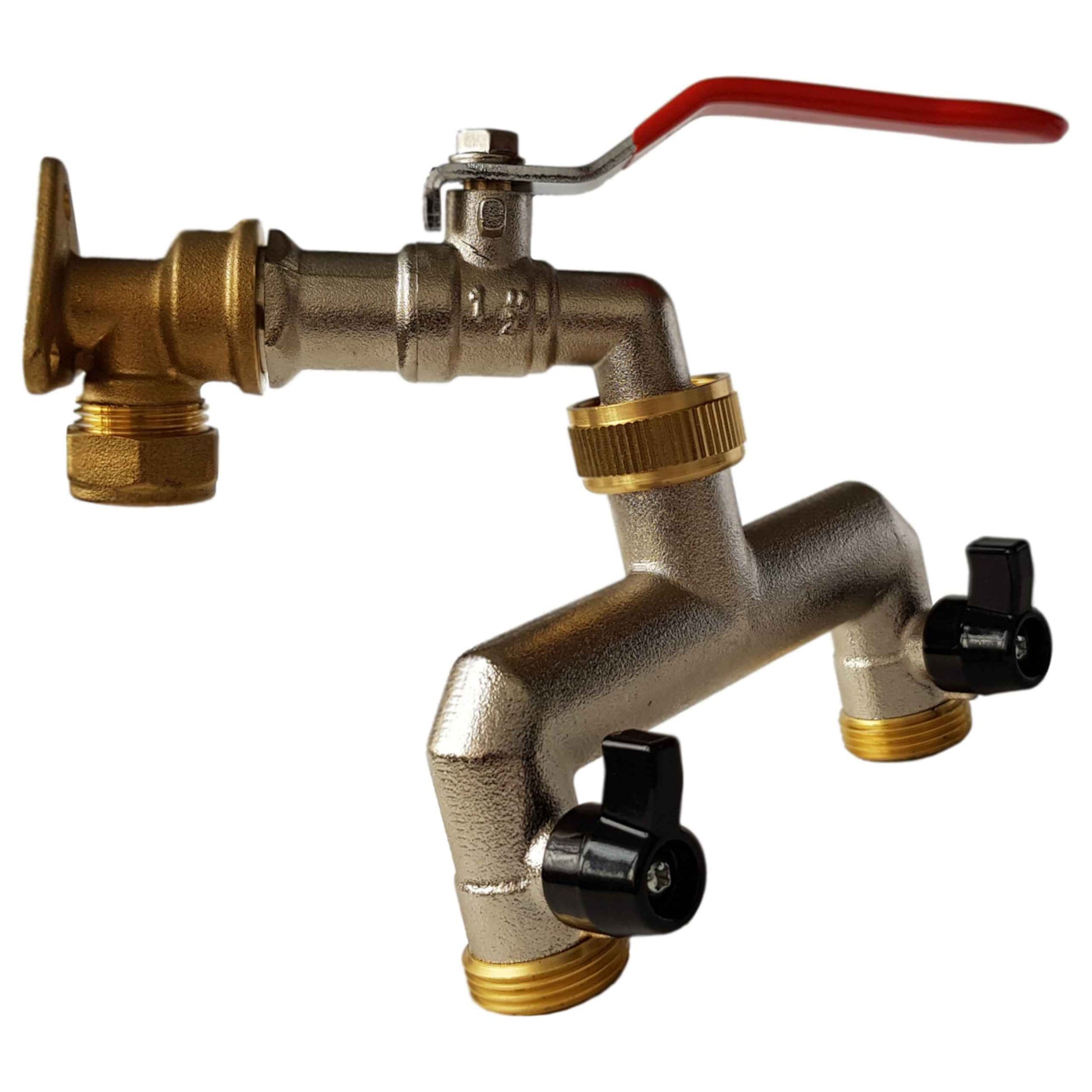 15mm Brass Wall Flange Kit with Lever Tap + 3/4" BSP Metal Splitter - Best4Trade-Retail Garden watering