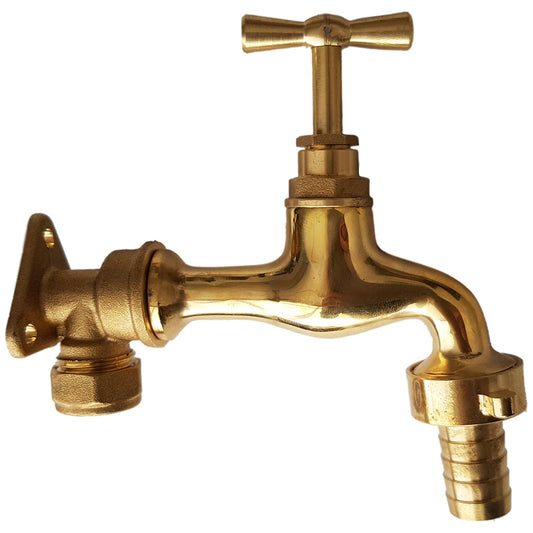 15mm Brass Wall Flange Kit with 15mm Barbed Polished Brass Tap - Best4Trade-Retail Garden watering