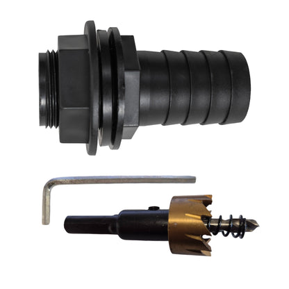 Tank Connector with Washer 3/4" BSPM & 1" Barb Outlet and Drill Bit