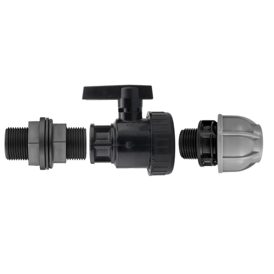¾” BSP Water Butt Fitting with Full Flow PP Valve and 32mm MDPE Fitting