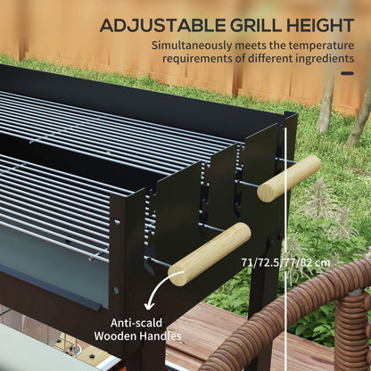 Outsunny Charcoal BBQ Grill, Barbecue Trolley with Double Adjustable Grill, Side Table, Storage Shelf and Wheels for Outdoor Garden Party Cooking, Black