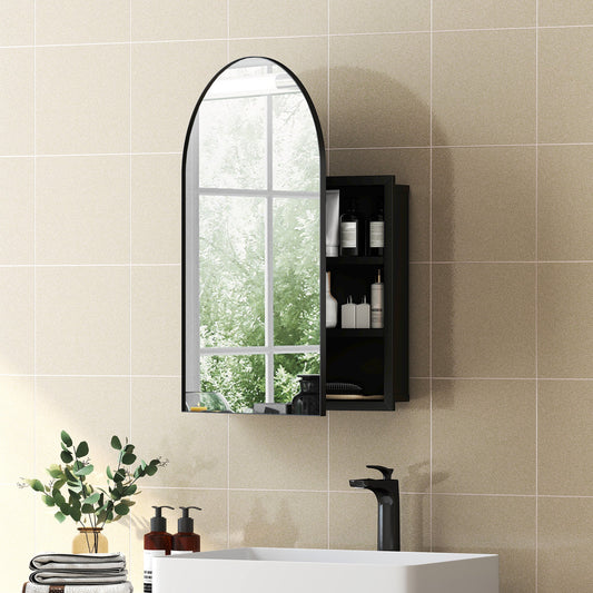 HOMCOM Bathroom Mirror Cabinet with Mirror, Arched Wall Mounted Bathroom Cabinet with Storage Shelves, Black