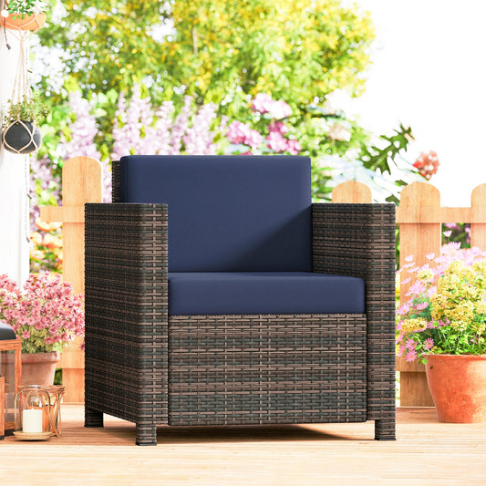 Outsunny PE Rattan Garden Armchair with Cushion - Mixed Brown/Navy Blue