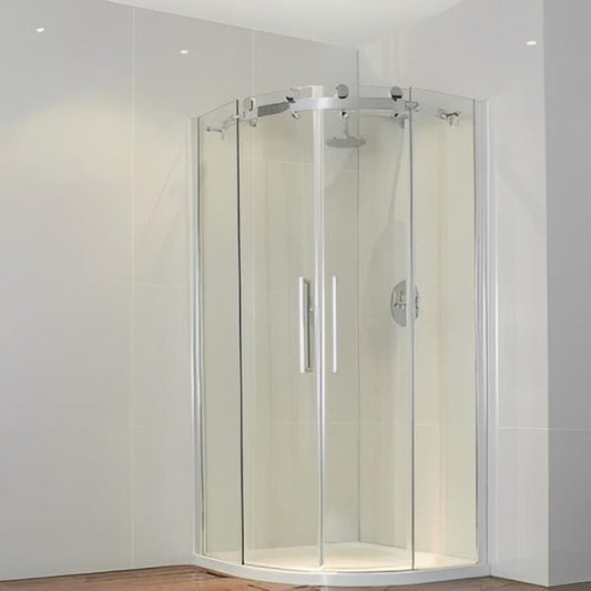 Frameless Curved Offset Quadrant Shower Enclosure w/ Cut-Out Top Panel & 1 Elongated Side Panel & 2 Sliding Doors - Aquaglass Bathrooms