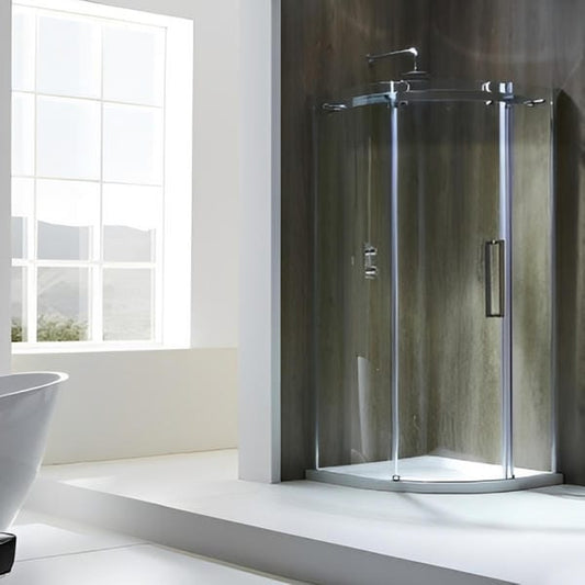 Frameless Curved Offset Quadrant Shower Enclosure w/ Cut-Out Top Panel & 1 Elongated Side Panel & Sliding Door - Aquaglass Bathrooms