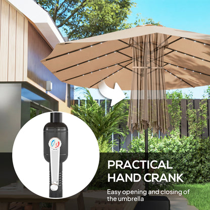 Outsunny Patio Umbrella Double-Sided Outdoor Umbrella with Solar Lights Base, Khaki