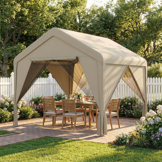 Outsunny 3 x 3 m Patio Gazebo with Netting & Curtains, Outdoor Canopy Shelter with Galvanised Steel Frame, Khaki