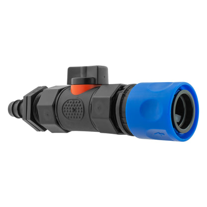 Hose Connector Blue with In-Line BSPF Valve and 16mm Barbed Straight - Best4Trade-Retail Garden watering