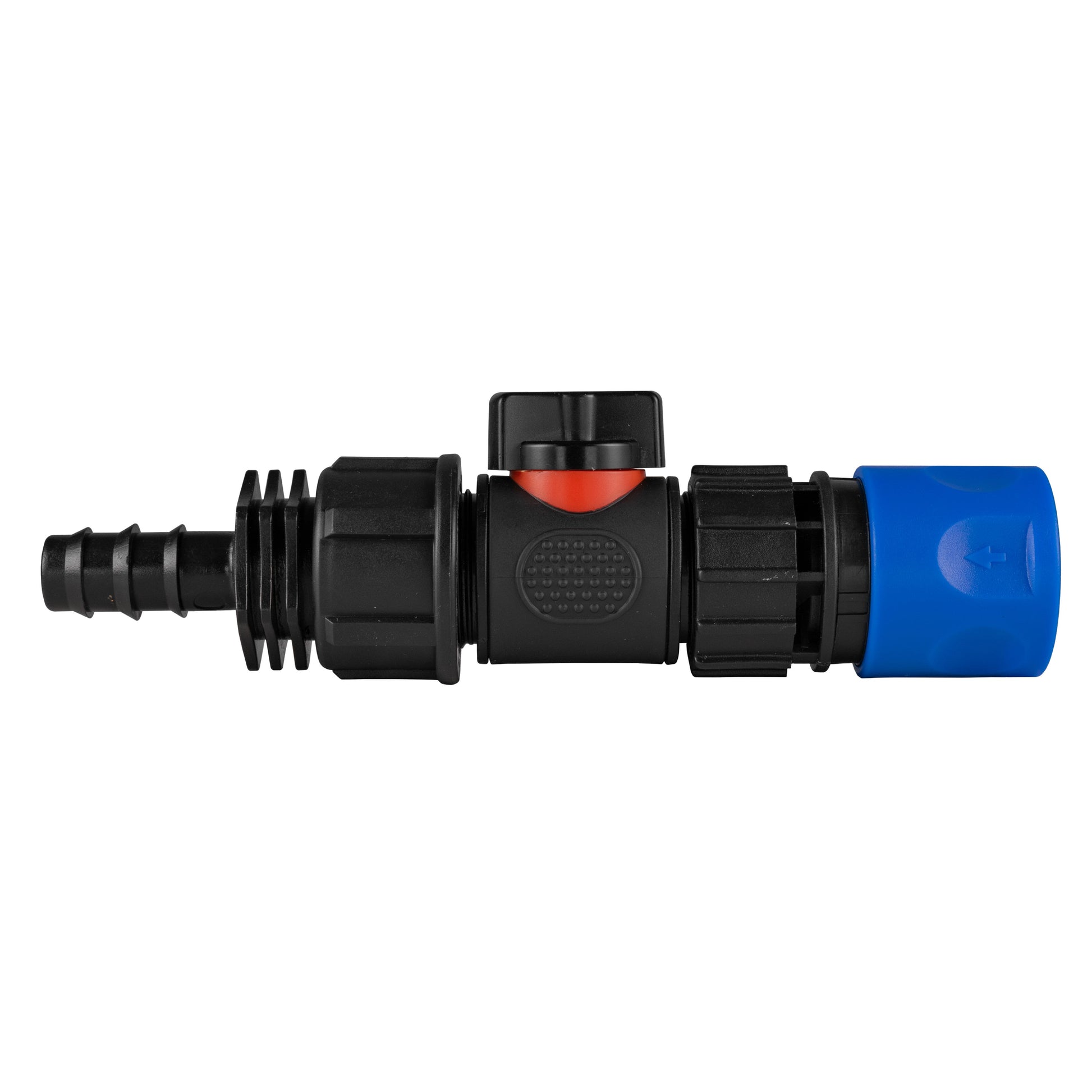 Hose Connector Blue with In-Line BSPM Valve and 16mm Barbed Straight - Best4Trade-Retail Garden watering