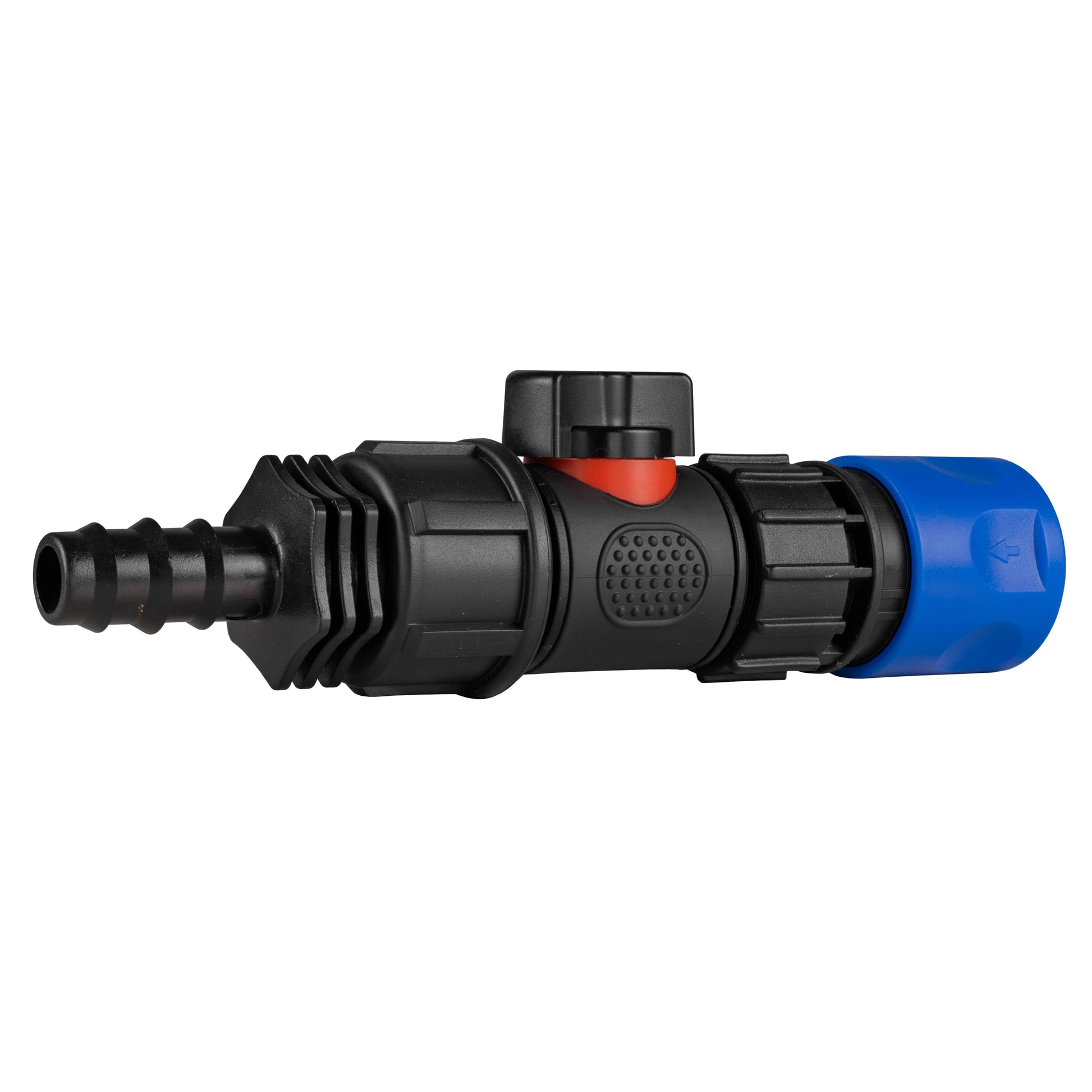 Hose Connector Blue with In-Line BSPM Valve and 16mm Barbed Straight - Best4Trade-Retail Garden watering