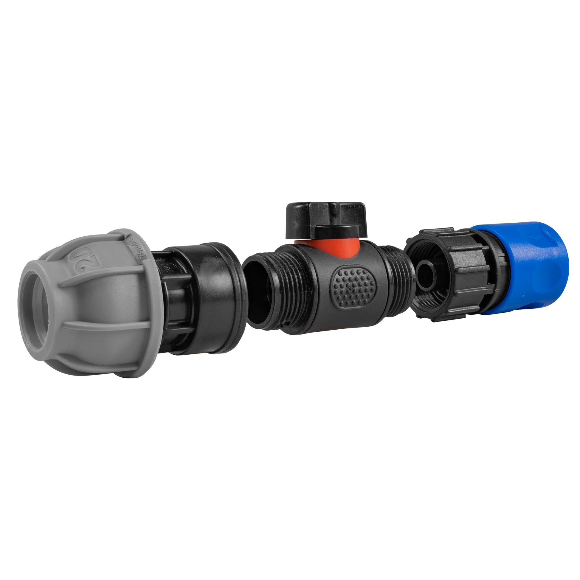 Hose Connector Blue with In-Line BSPM Valve and 20mm MDPE Straight - Best4Trade-Retail Garden watering