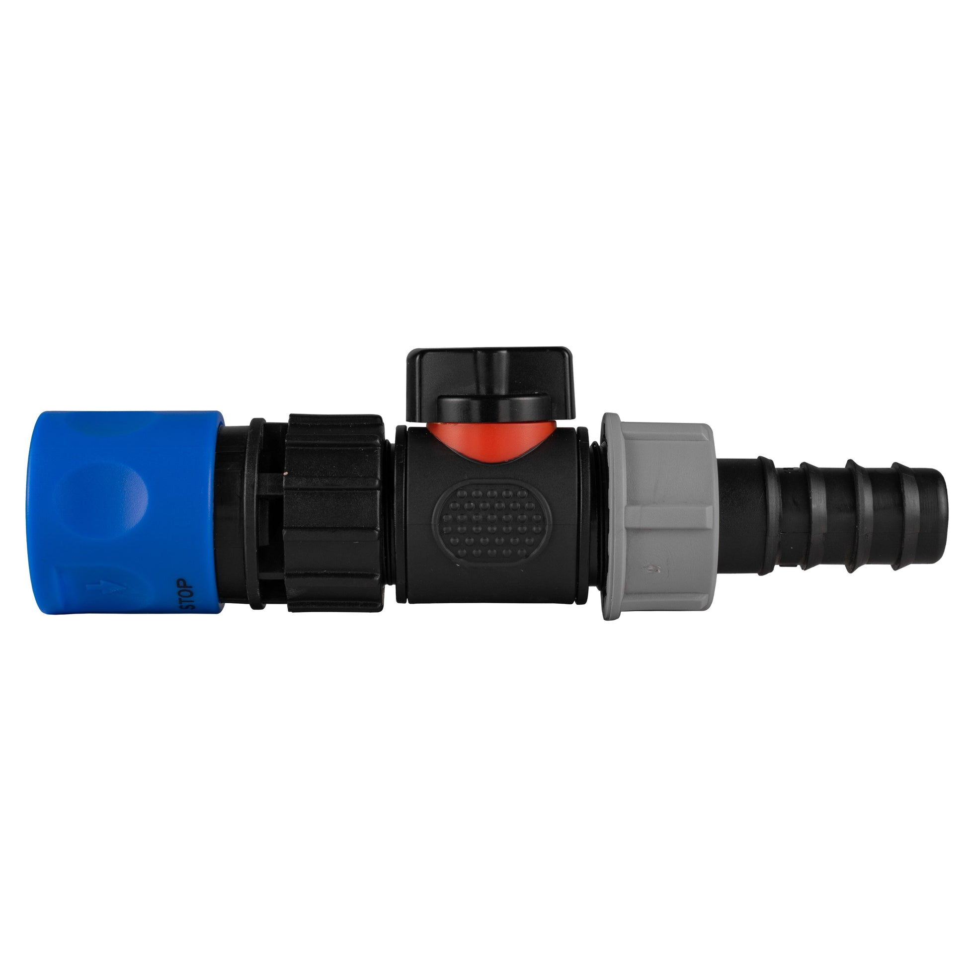 Hose Connector Blue with In-Line BSPM Valve and 20mm Barbed Straight - Best4Trade-Retail Garden watering