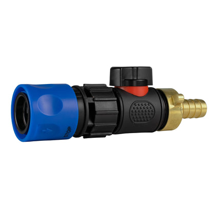 Hose Connector Blue with In-Line BSPM Valve and 13mm Brass Barb - Best4Trade-Retail Garden watering