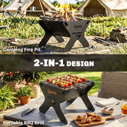 Outsunny 2-In-1 Portable BBQ Grill and Camping Fire Pit, Tabletop Charcoal Barbecue Grill with Gripper, Gloves and Carry Bag