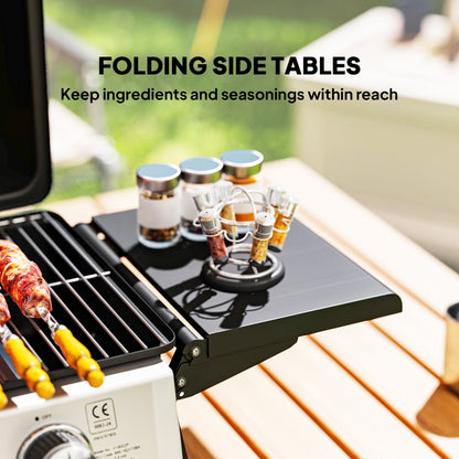 Outsunny 2 Burner Gas BBQ Grill with Foldable Side Tables, Portable Tabletop Gas Barbecue Grill with Built-in Thermometer, Lid, Grease Tray for Garden Party Camping Picnic Outdoor Cooking 5.6KW, Black