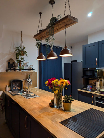 Wooden Beam Light with Copper Shades | Kitchen Island & Breakfast Bar Lighting - MooBoo Home Lighting