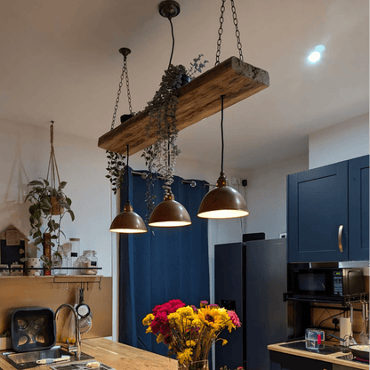 Wooden Beam Light with Copper Shades | Kitchen Island & Breakfast Bar Lighting - MooBoo Home Lighting