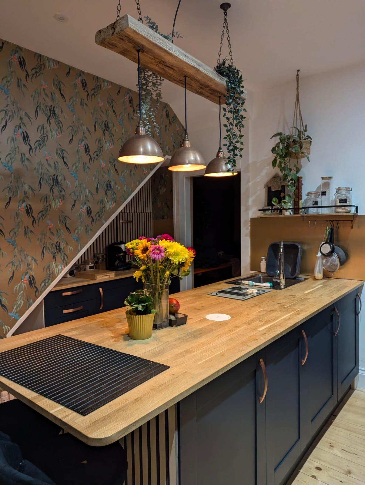 Wooden Beam Light with Copper Shades | Kitchen Island & Breakfast Bar Lighting - MooBoo Home Lighting