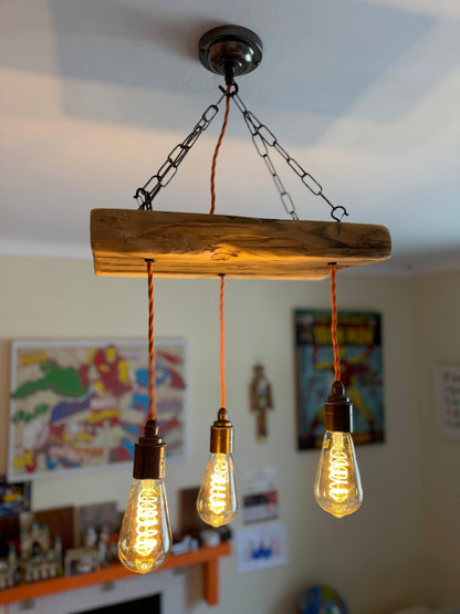 Triple Wooden Beam Chandelier | 3 Pendant Kitchen Island & Dining Lighting UK