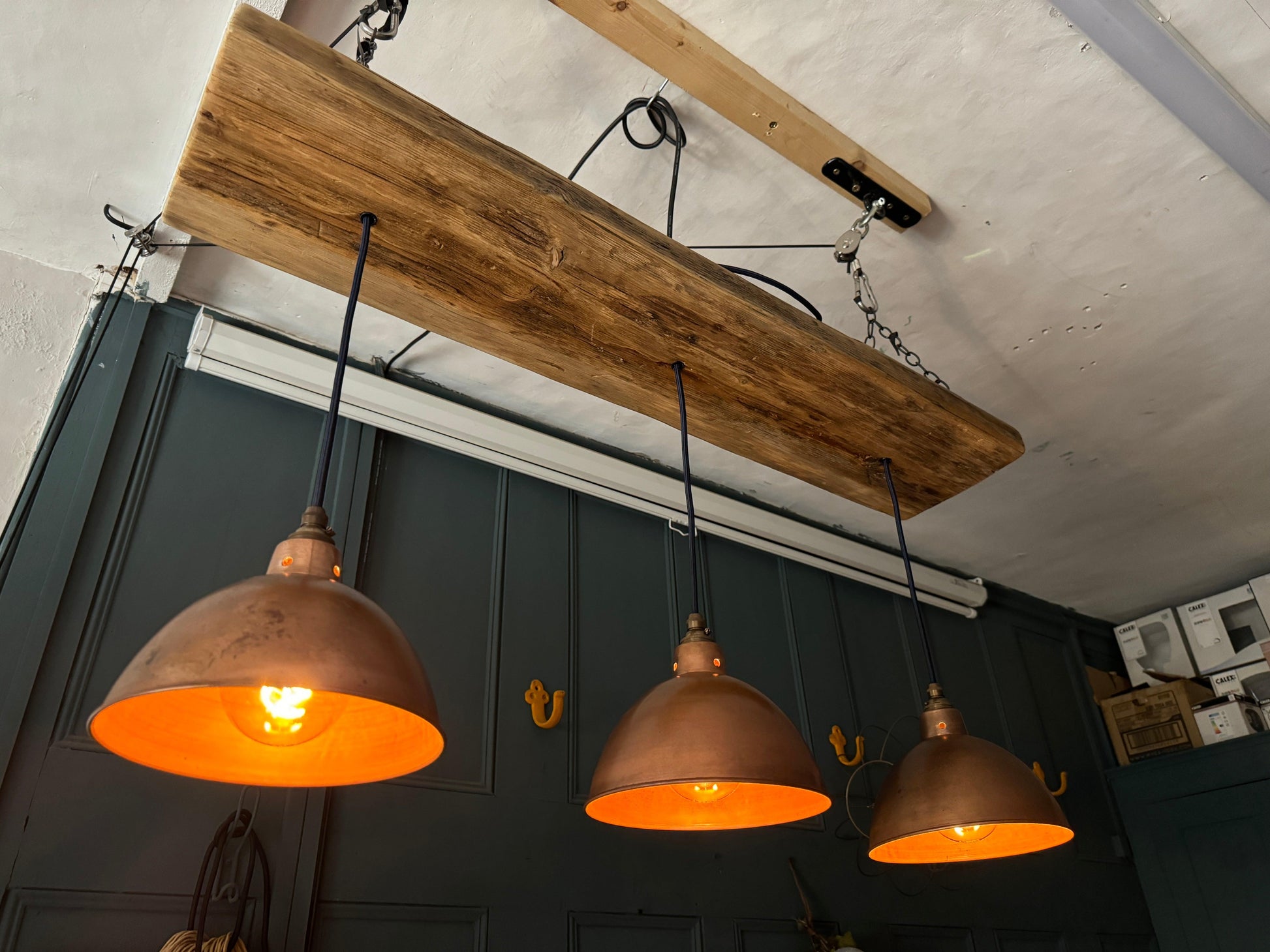 Wooden Beam Light with Copper Shades | Kitchen Island & Breakfast Bar Lighting - MooBoo Home Lighting