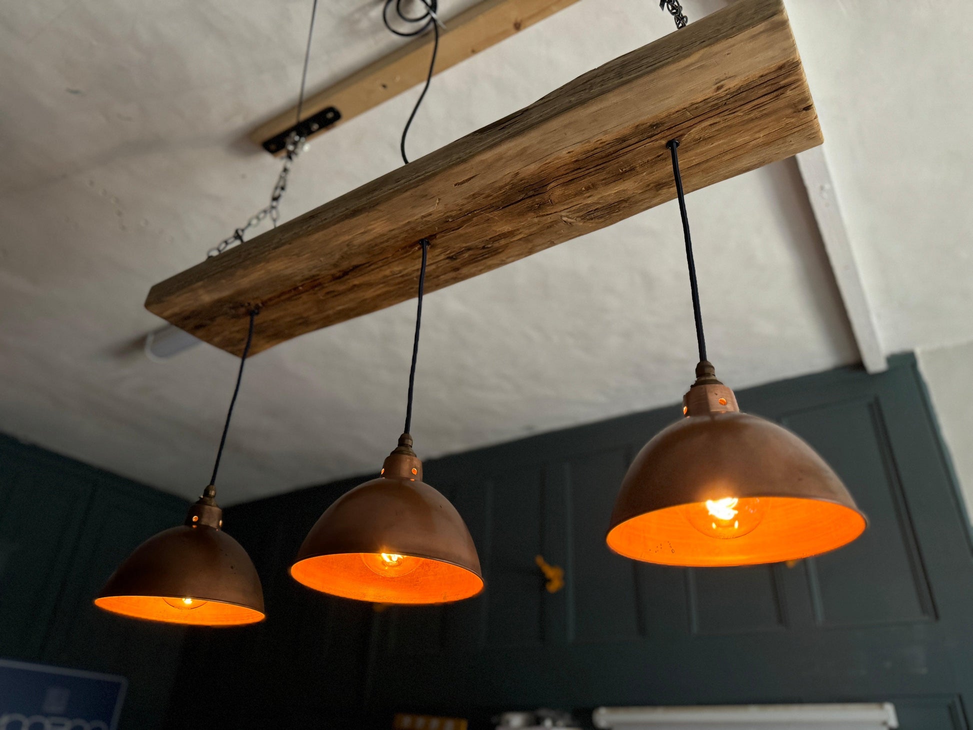 Wooden Beam Light with Copper Shades | Kitchen Island & Breakfast Bar Lighting - MooBoo Home Lighting