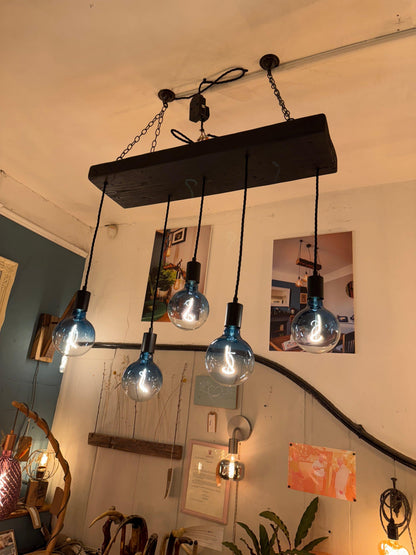 Wooden Chandelier with Black Canopy | Rustic Kitchen Island Lighting UK