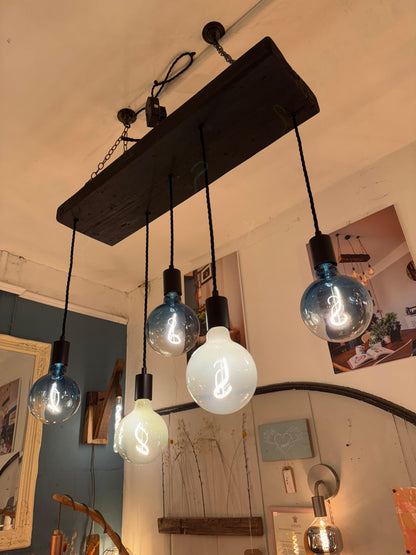 Wooden Chandelier with Black Canopy | Rustic Kitchen Island Lighting UK