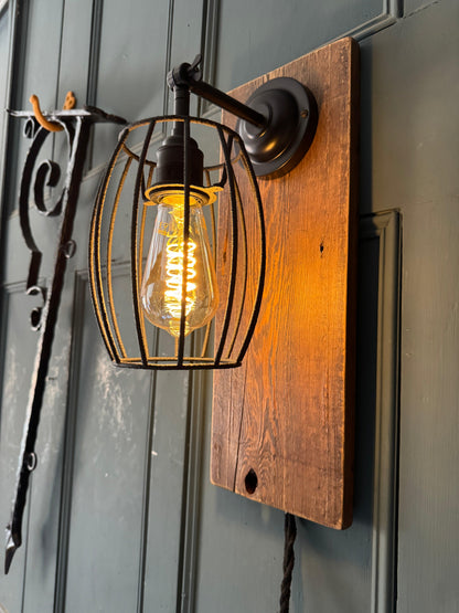 Rustic Oak & Metal Wall Light | Caged Wall Sconce for Hallways & Staircases