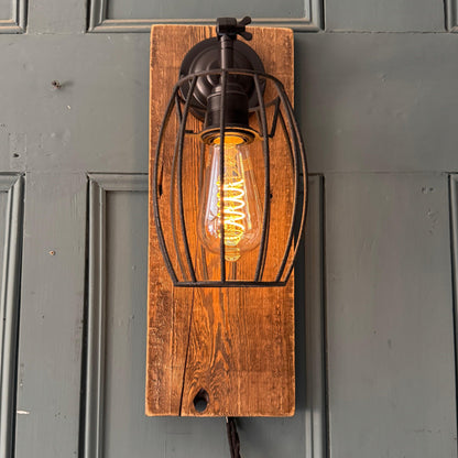 Rustic Oak & Metal Wall Light | Caged Wall Sconce for Hallways & Staircases