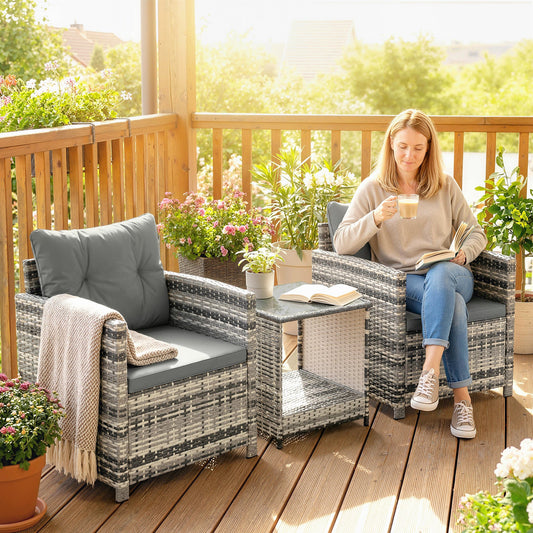 Outsunny Rattan Bistro Set, 3 Piece Garden Furniture Set with 2 Tier Glass Top Table and Cushions, Mixed Grey