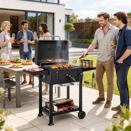 Outsunny Charcoal BBQ Grill with Adjustable Charcoal Pan, Large Barbecue Grill Smoker with Side Tables, Temperature for Outdoor