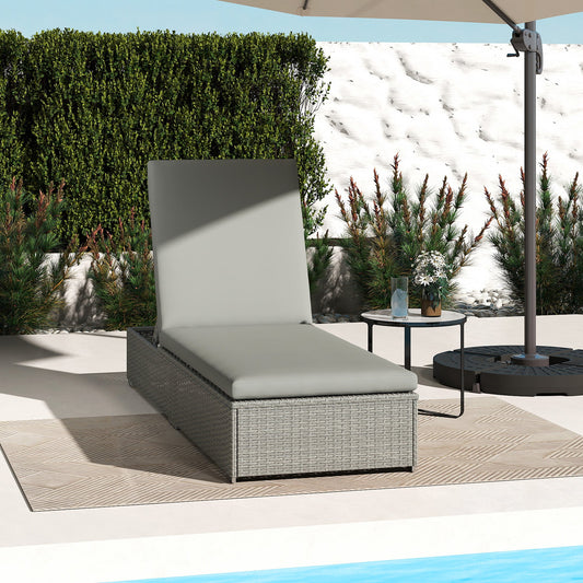 Outsunny Rattan Sun Lounger, Five-Position Reclining Garden Lounger Bed with Cushion, Light Grey