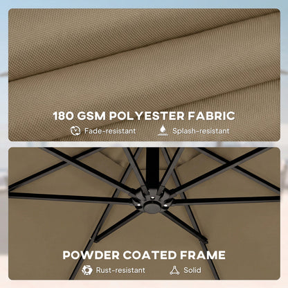 Outsunny 3 m Garden Cantilever Parasol with Cover, Round Overhanging Umbrella with 360° Rotation, Tilt, Khaki