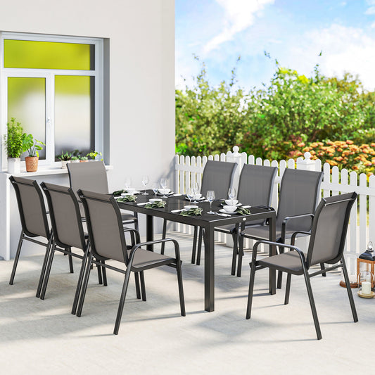 Outsunny 9 Pieces Garden Dining Set, Outdoor Table and Chairs Set for 8, Garden Furniture Set with Tempered Glass Top, Dark Grey