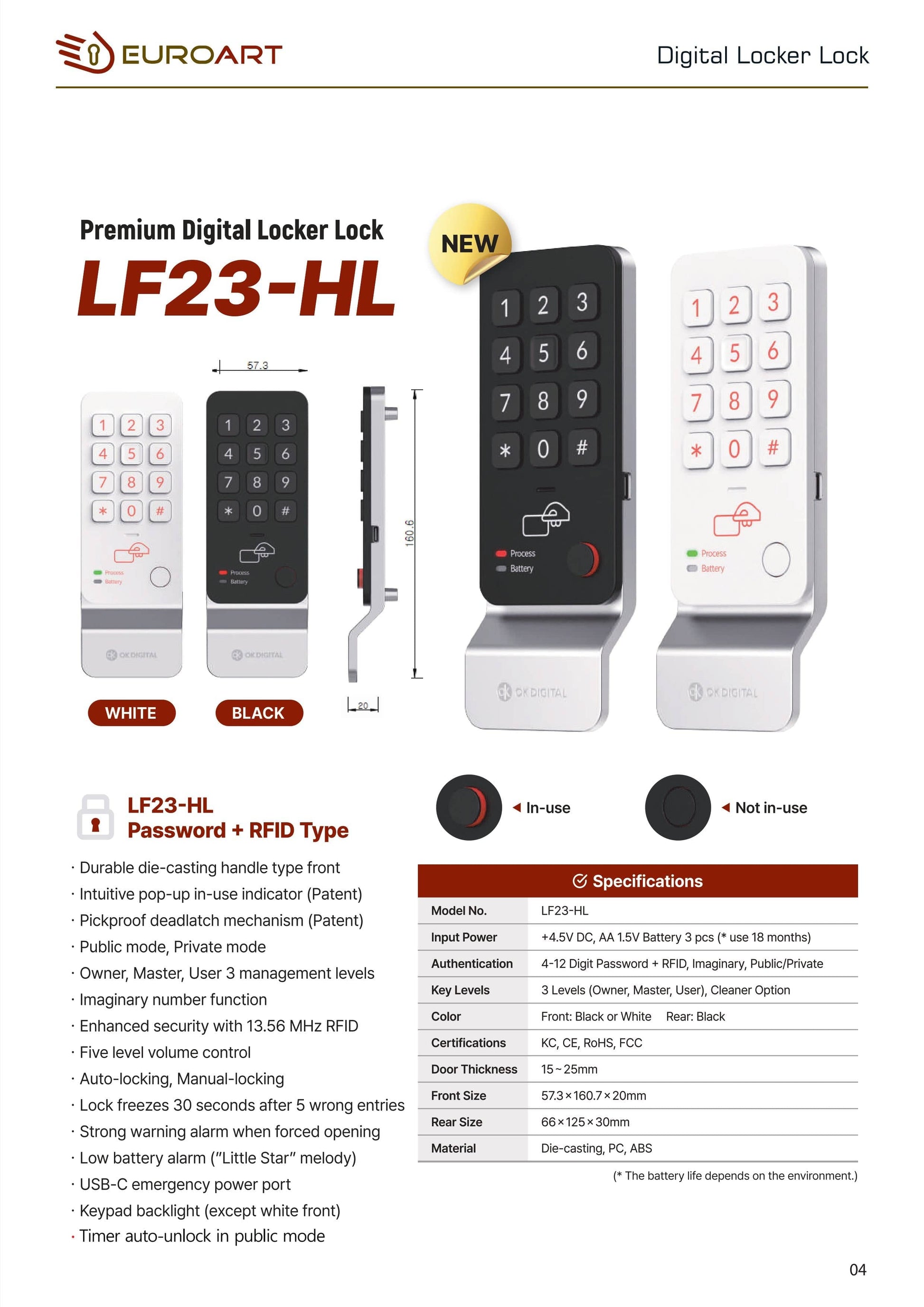 EALF23-HL Smart Digital Lock for Cabinet & Lockers - Euro Art Digital Locks