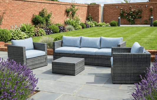 Lima 5 Seater Grey Polyrattan Garden Sofa Set Bundle with Armchair, Coffee Table & Protective Cover - MINT Outdoor Garden Furniture Sets