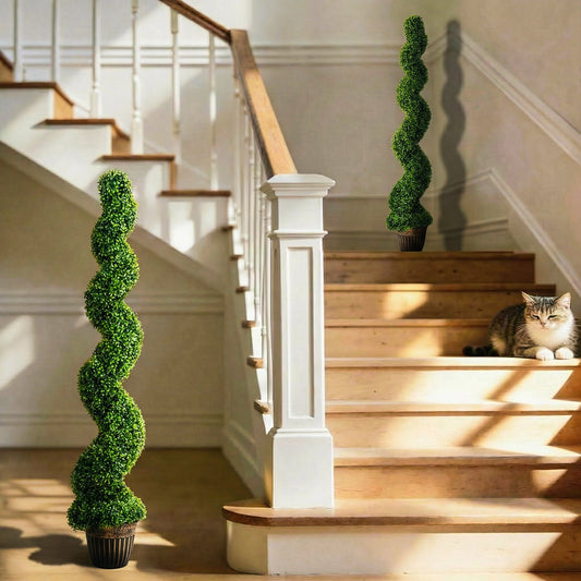 HOMCOM Set of 2 Artificial Plants, Topiary Spiral Boxwood Trees with Pot, for Home Indoor Outdoor Decor, 150cm