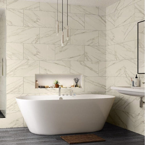 Mood Carrara Marble Effect 600mm x 300mm - Gloss White - Rino Tiles