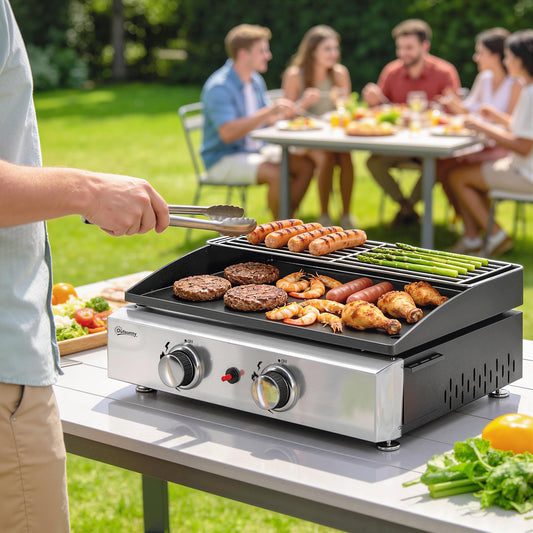 Outsunny 2 Burner Grill Griddle, Portable Gas Plancha with Warming Rack, 5 kW, Tabletop Gas BBQ with Grease Cup, Black