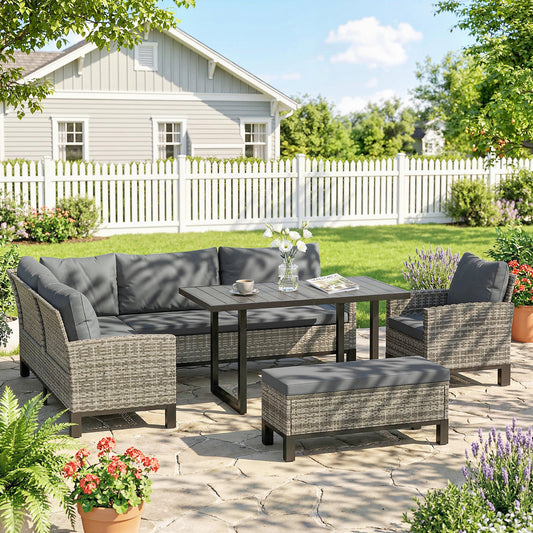 Outsunny 9 Seater Rattan Garden Furniture Corner Sofa Set, Outdoor Dining Set with Faux Wood Table, Ottoman, Cushions, Dark Grey