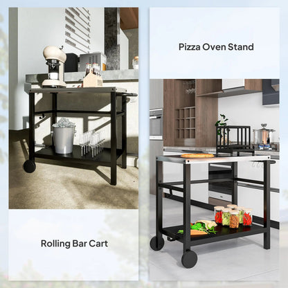 Outsunny Outdoor Grill Dining Cart 2-Shelf Movable Pizza Oven Table Stand with Stainless Steel Top, Portable BBQ Trolley Food Prep Outdoor Kitchen BBQ Station with Hooks Wheels Handle, Charcoal Grey