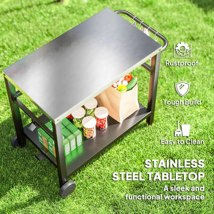 Outsunny Outdoor Grill Dining Cart 2-Shelf Movable Pizza Oven Table Stand with Stainless Steel Top, Portable BBQ Trolley Food Prep Outdoor Kitchen BBQ Station with Hooks Wheels Handle, Charcoal Grey