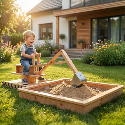 AIYAPLAY Wooden Sand Pit with Digger, Kids Sandbox Outdoor, SandPit with 360 Swivel Seat and Bottom Liner