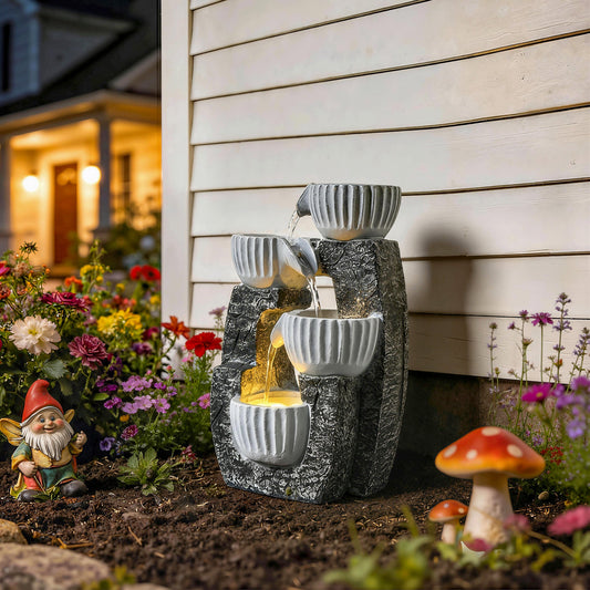 Outsunny 4-Tier Bowl Water Feature, Indoor Outdoor Garden Water Fountain with Pump and LED Lights, Resin Cascading Waterfall